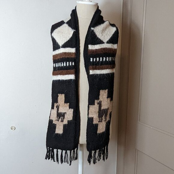 Vintage Alpaca Knit Wool Scarf Fringe Brown Black White Handmade Boho - Picture 6 of 6
